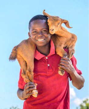 염소를 어깨에 메고 있는 아동