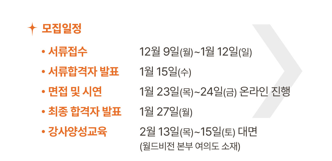 모집일정 / 서류접수: 12월 9일(월)~1월 12일(일), 서류합격자 발표: 1월 15일(수), 면접 및 시연: 1월 23일(목)~24일(금) 온라인 진행, 최종 합격자 발표 1월 27일(월) / • 강사양성교육: 2월 13일(목)~15일(토) 대면(월드비전 본부 여의도 소재)