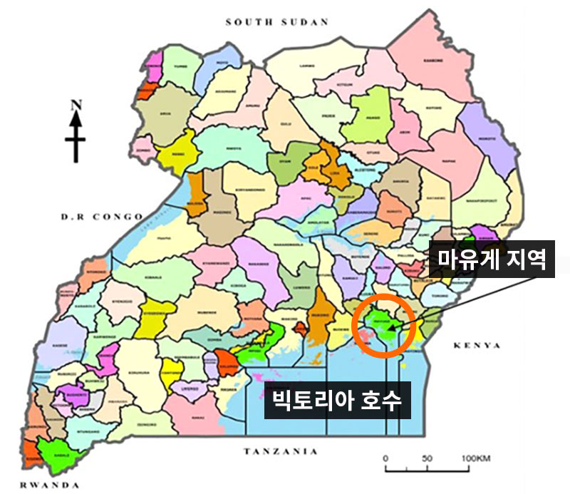 마유게 지역과 빅토리아 호수가 표시된 우간다 지도