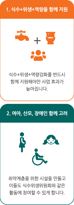 식수 위생 역량을 함께 지원 / 여아, 산모, 장애인 함께 고려 