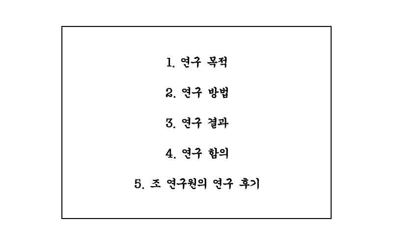 1. 연구 목적 2. 연구 방법 3. 연구 결과 4. 연구 함의 5. 조 연구원의 연구 후기