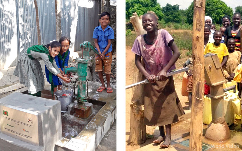 제주렌트카와 월드비전을 통해 설치된 식수시설의 모습 (좌) 방글라데시 보그라 지역 (우) 우간다 부둠바 지역