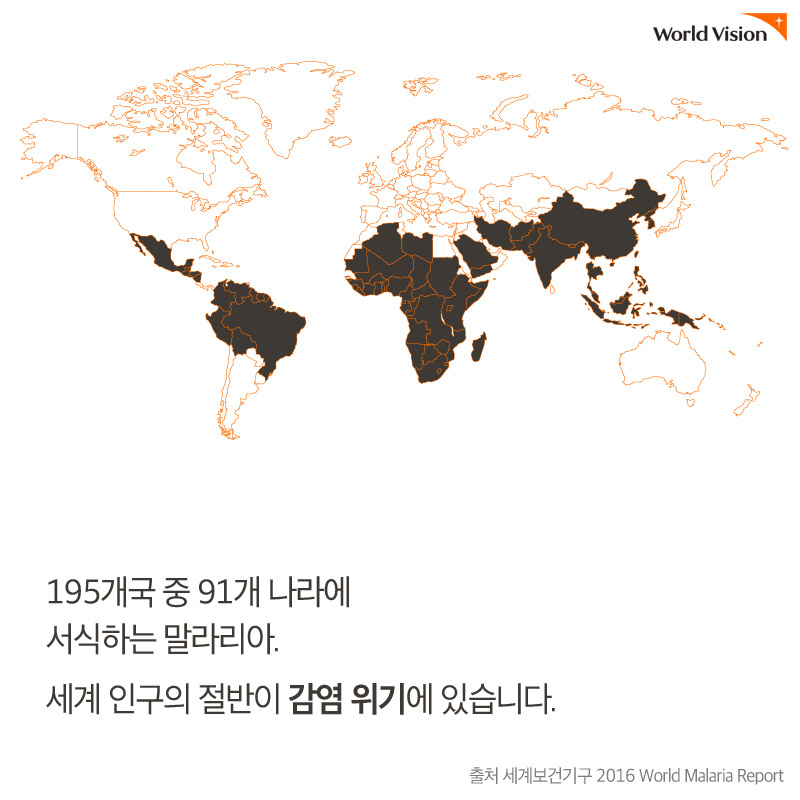 195개국 중 91개 나라에 서식하는 말라리아. 세계 인구의 절반이 감염 위기에 있습니다. 출처 세계보건기구 2016 World Malaria Report