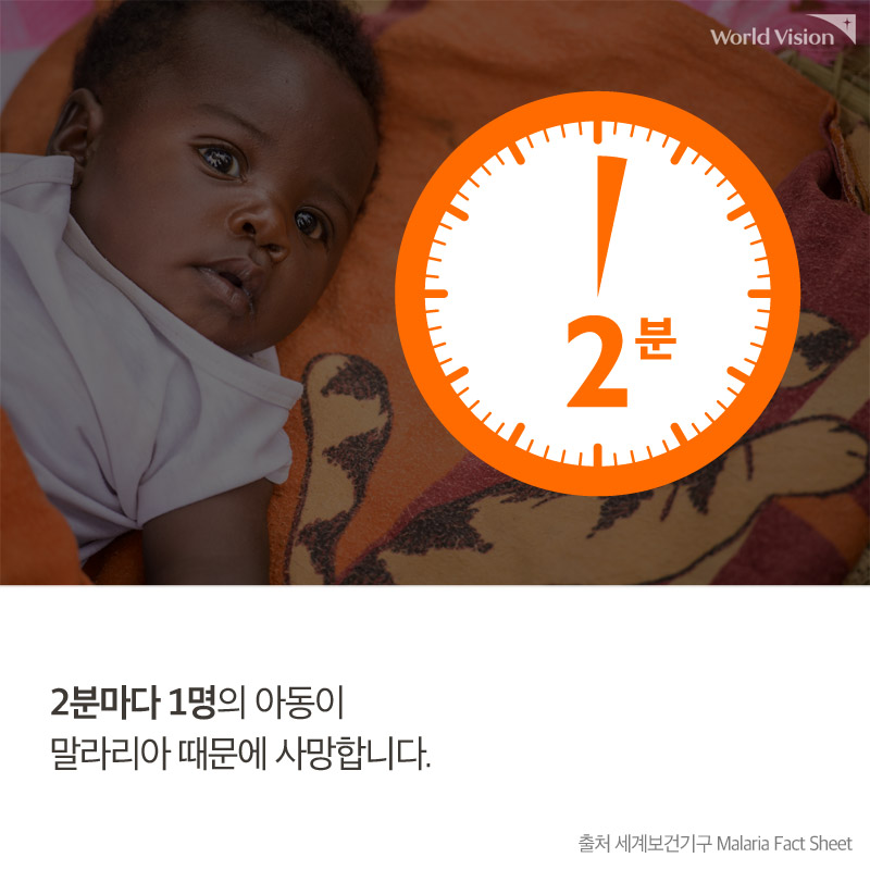 2분마다 1명의 아동이 말라리아 때문에 사망합니다.출처 세계보건기구 Malaria Fact Sheet