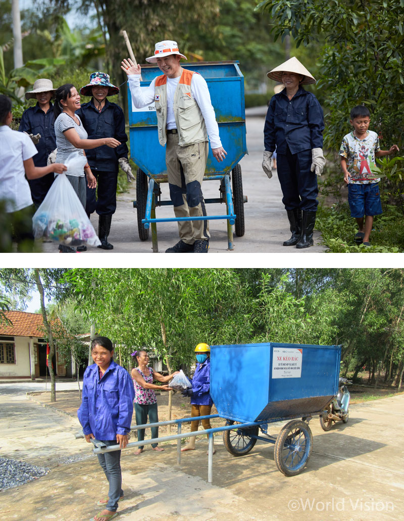 일일 쓰레기 수거팀 리더, 박상원 . 월드비전은 쓰레기 수레 36개를 지원하고, 쓰레기 수거지 11개를 만들었어요!