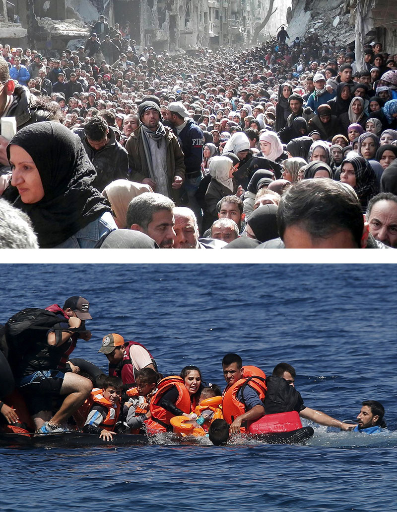 (위)식량 UN br>  (아래)그리스 에게 해 위에서 표류하는 시리아 난민(사진 AFP)